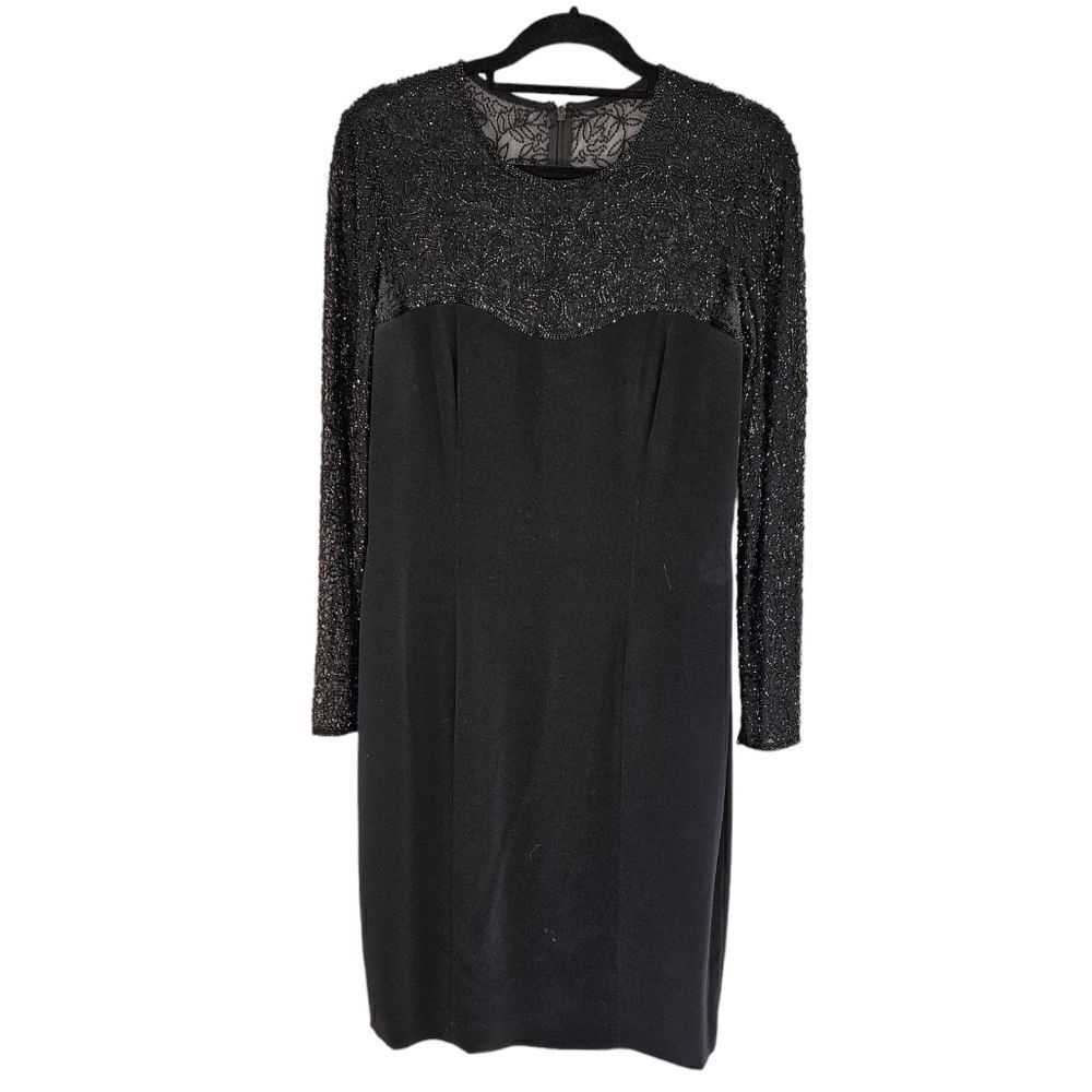 Vintage Black Tie Oleg Cassini Intricately Beaded Long Sleeve Evening Dress 12